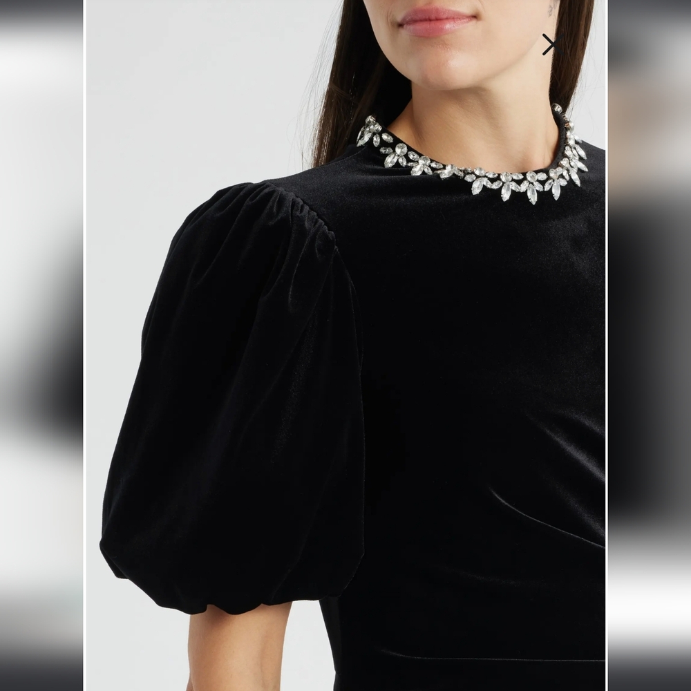Eliza J Jeweled Neck Black Velvet Puffer Sleeve Dress Size 4 - Picture 4 of 10